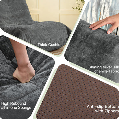 Ergonomischer Sitzsack Sessel mit 5-Zonen-Körperunterstützung, Bean Bag Chair aus Chenille-Stoff, Grau