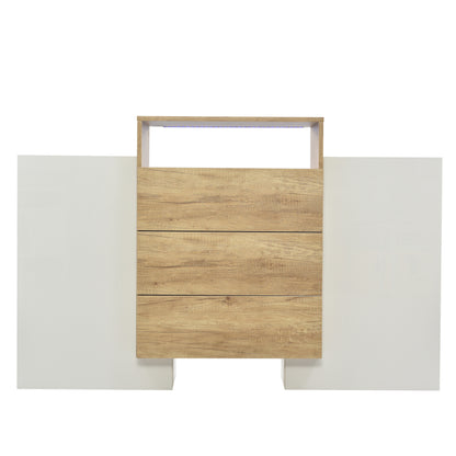 Sideboard, Moderner Kommode, Schrank 140cm, Hochglanz-Weiß und Holzfarbe, Mehrfarbige LED-Lichteffekte. Stilvolle Aufbewahrungslösung (Teilweise glänzende Oberfläche)