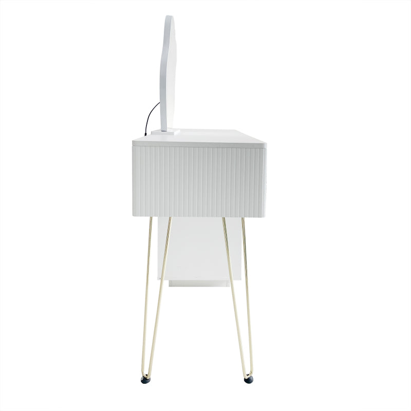 Schminktisch mit LED-beleuchtetem Spiegel, Weißes Schminktisch-Set mit ausziehbarem Design, moderner Kosmetiktisch für das Schlafzimmer  - Maße:B100/H78/T40 cm (ohne Hocker)