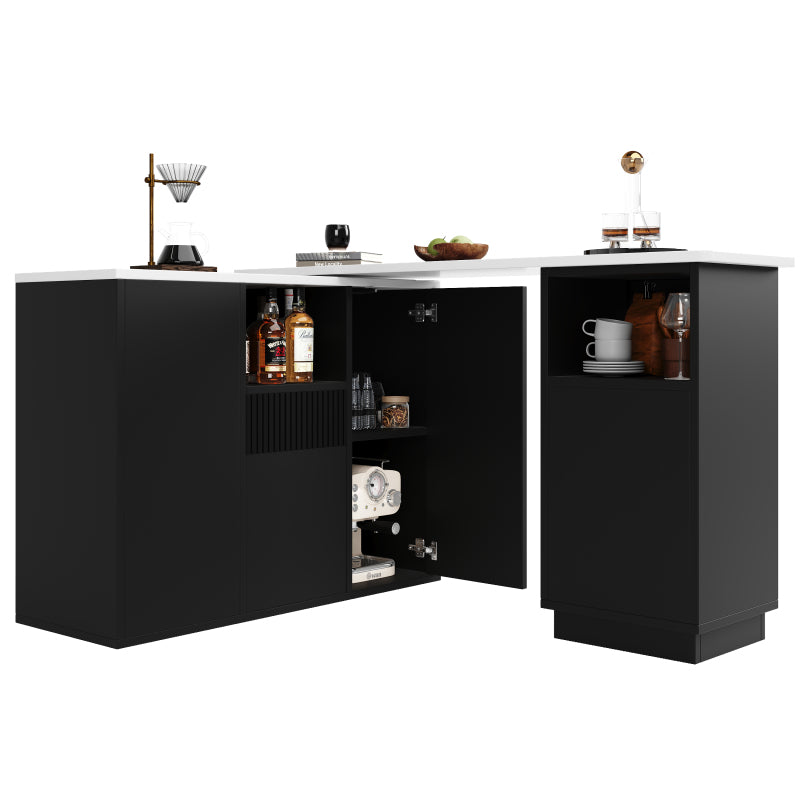 Um 360° drehbarer Bartisch (Hauptkörper 198,5 x 30 x 75 cm), modernes und schlichtes schwarzes Design, mit offenem Stauraum und Marmor-Arbeitsplatte, multifunktionale Aufbewahrungsinsel, geeignet für