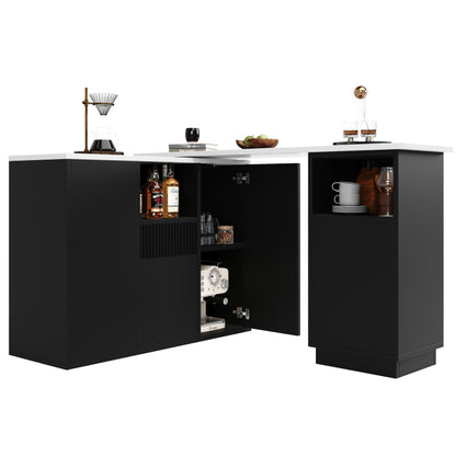 Um 360° drehbarer Bartisch (Hauptkörper 198,5 x 30 x 75 cm), modernes und schlichtes schwarzes Design, mit offenem Stauraum und Marmor-Arbeitsplatte, multifunktionale Aufbewahrungsinsel, geeignet für