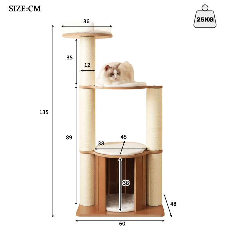 Katzenkratzbaum mit XXL-Stamm, 3-stufige Plattformen, 1 Katzenhaus, herausnehmbare Matten und Kippschutz,Wasserdicht und feuchtigkeitsbeständig