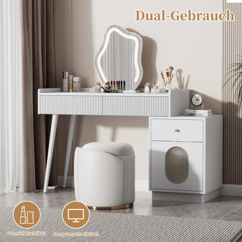 Schminktisch mit LED-Spiegel und Beleuchtung - Weißes Schminktisch-Set für Schlafzimmer mit drei geräumigen Schubladen und einer Tür (ohne Hocker)