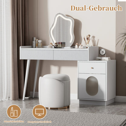 Schminktisch mit LED-Spiegel und Beleuchtung - Weißes Schminktisch-Set für Schlafzimmer mit drei geräumigen Schubladen und einer Tür (ohne Hocker)