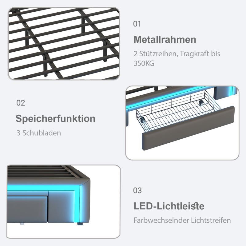 Bettgestell 180X200 mit Schubladen, PU-Leder Bett ohne Kopfteil Mit LED-Lichtleiste, MetalllattenPlattformbett für moderne Schlafzimmer Grau