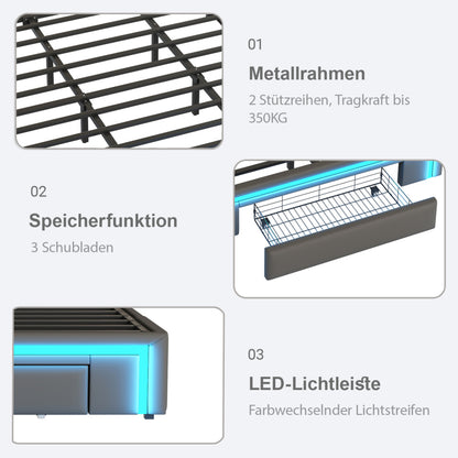 Bettgestell 180X200 mit Schubladen, PU-Leder Bett ohne Kopfteil Mit LED-Lichtleiste, MetalllattenPlattformbett für moderne Schlafzimmer Grau