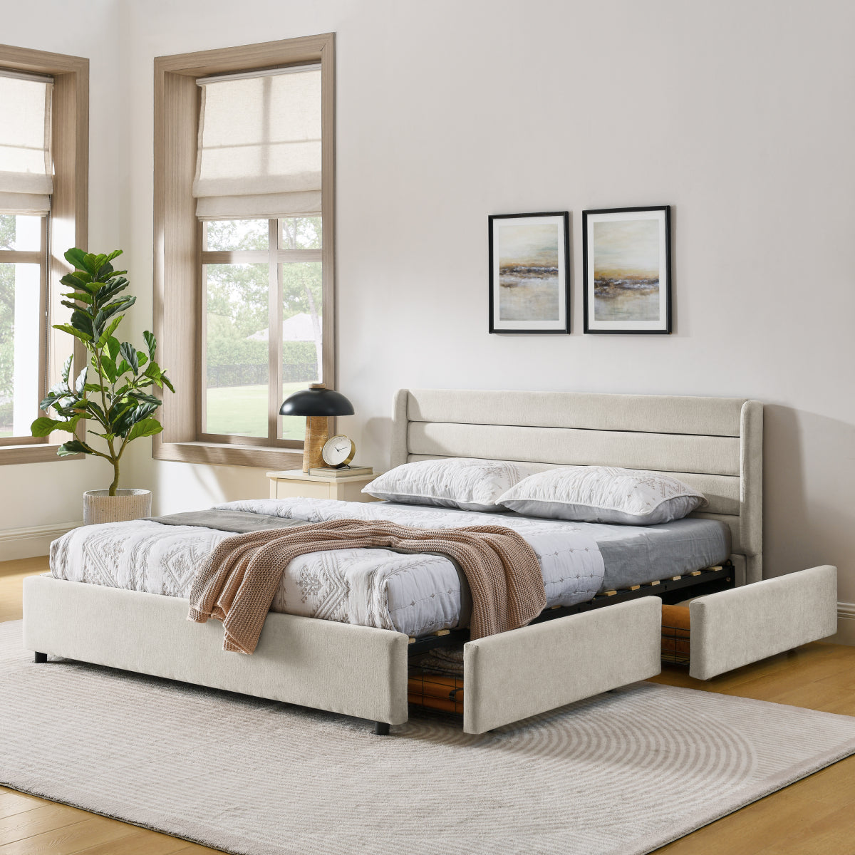 Doppelbett 160×200 cm aus Chenille mit 4 Schubladen, stabiles Bettgestell für Schlafzimmer & Eltern-Kind-Zimmer, Beige (ohne Matratze)