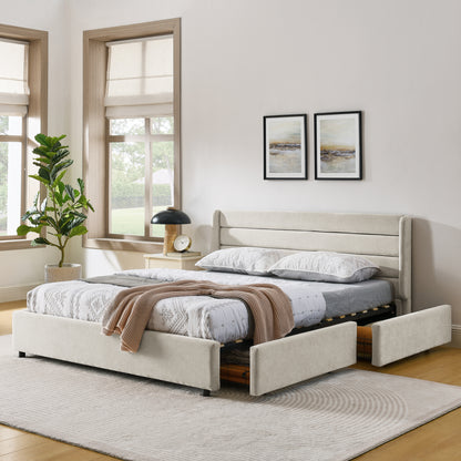 Doppelbett 160×200 cm aus Chenille mit 4 Schubladen, stabiles Bettgestell für Schlafzimmer & Eltern-Kind-Zimmer, Beige (ohne Matratze)