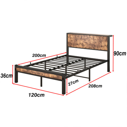120x200 cm Metallgestell mit Stauraum-Kopfteil, Einzelnes Metall-Plattformbettgestell, Geräuschfrei, Metalluntergestell, Ohne Boxspring Notwendig, Vintage Braun