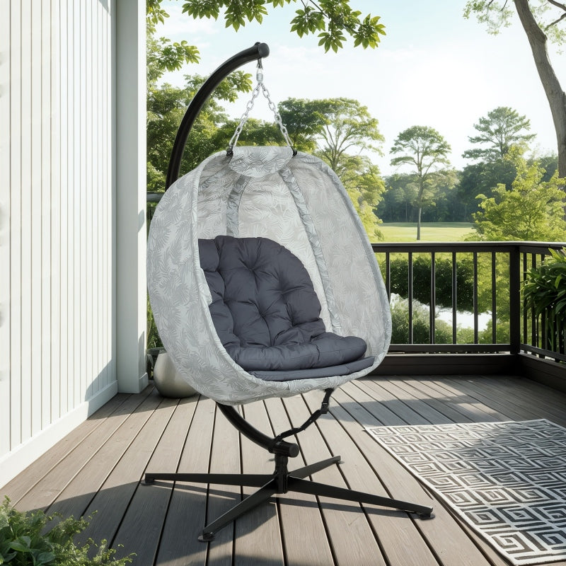 Eiförmiger Hängesessel für den Außenbereich, Faltbar Hängeschaukel mit Gestell, Sitzpolstern, Terrasse, Garten, Grau
