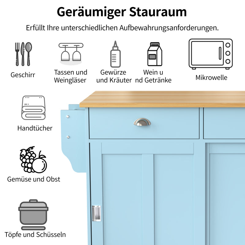 Esswagen/Anrichte, 112x40(70)x94 cm, Blau, Klappbare Massivholzoptik-Arbeitsplatte, mit Ablagetür, Rollen & Auswechselbaren Massivholzfüßen, für Küche & Esszimmer