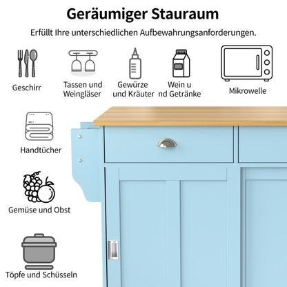 Esswagen/Anrichte, 112x40(70)x94 cm, Blau, Klappbare Massivholzoptik-Arbeitsplatte, mit Ablagetür, Rollen & Auswechselbaren Massivholzfüßen, für Küche & Esszimmer