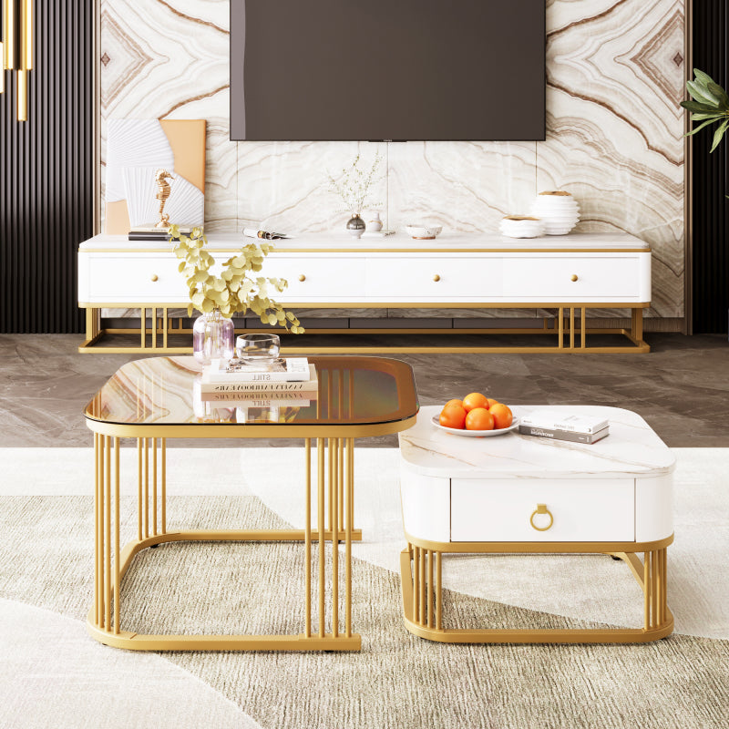 Stapelbarer Couchtisch: hochglänzende Marmoroptik und Teebraun Glasplatte, goldene Akzente, Beistelltisch mit Schubladen.  zweiteiliges Set