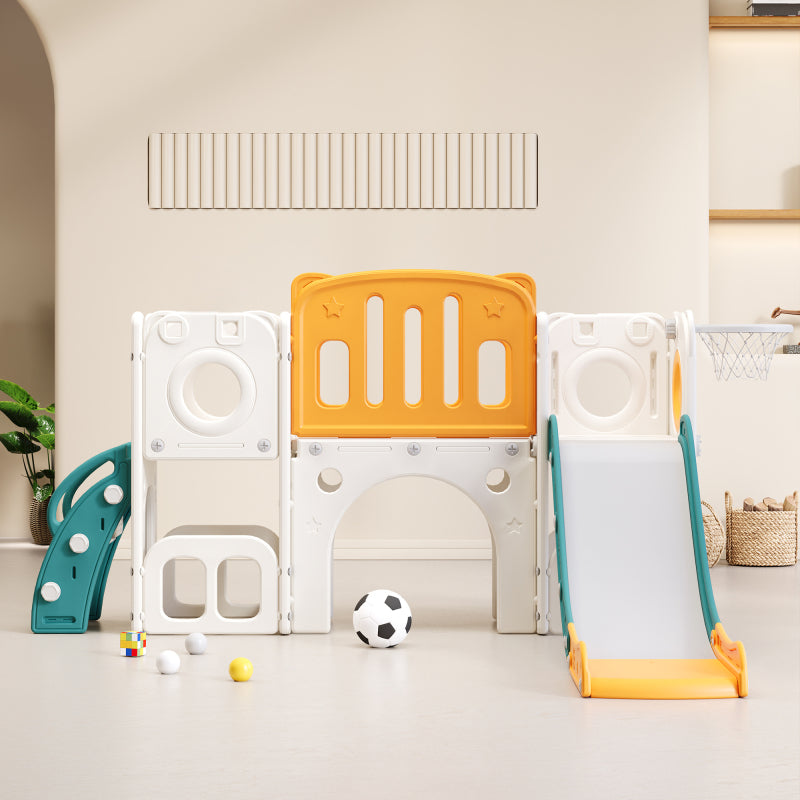 Bären Kinder 6-in-1 Rutsche mit einer Rutsche, zwei Plattformen, zwei Bodenschrankfächern, Basketballkorb und Treppe - Hochdichtes Polyethylen (Ozeanbälle nicht enthalten