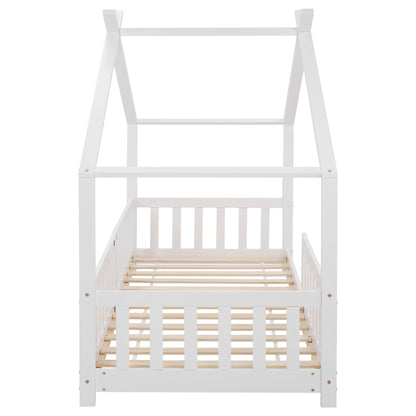 Hausbett 90x200 Weiß, Kinderbett mit Rausfallschutz & Lattenrost, Abenteuerbett Kiefer Massivholz