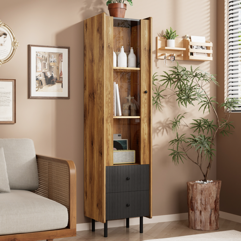 Sideboard, Hochschrank in schwarzer Holzmaserung – 180 x 44 x 40 cm mit Glastür, gelbem LED-Licht, 2 Schubladen