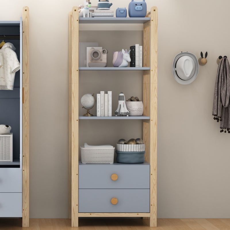 Standregal, 2 Schubladen, 4 Ebenen Bücherregal, Kieferrahmen, Vollholzgriffen, für Wohnzimmer, Schlafzimmer, Bücherzimmer, blau+natürliches Holz