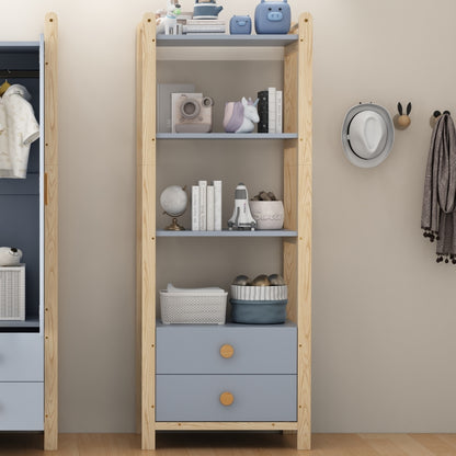 Standregal, 2 Schubladen, 4 Ebenen Bücherregal, Kieferrahmen, Vollholzgriffen, für Wohnzimmer, Schlafzimmer, Bücherzimmer, blau+natürliches Holz