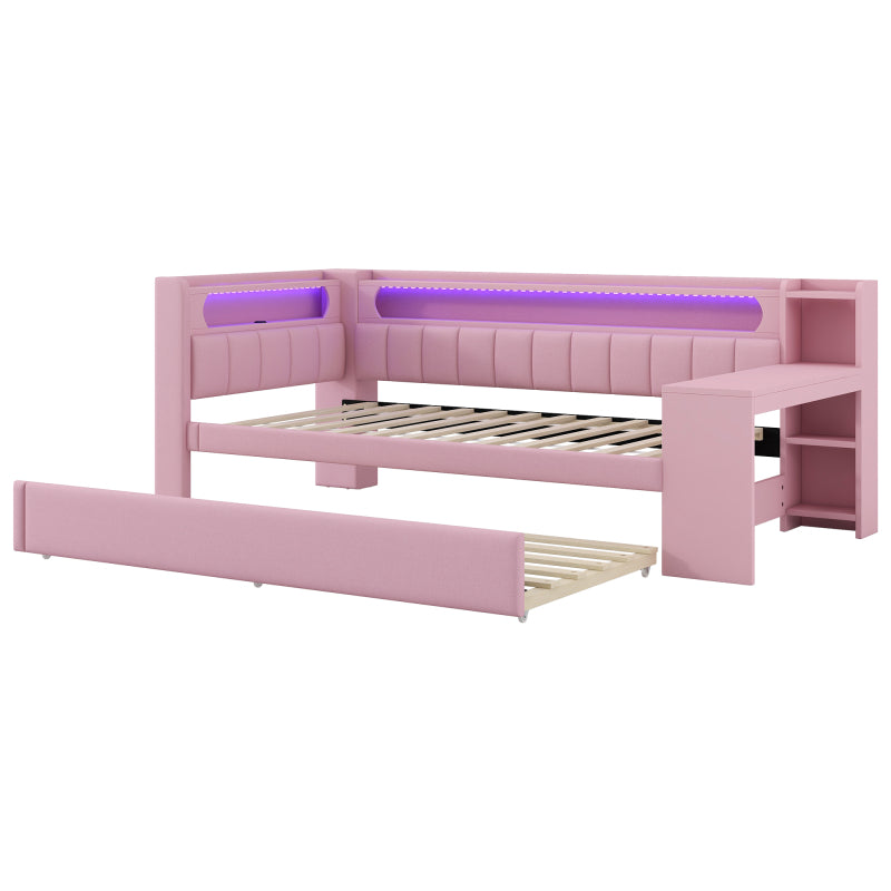 Gepolstertes 90x200 Tagesbett mit USB-Anschlüssen und LED-Gürtel, mit Ausziehbett und Schreibtisch, Rosa