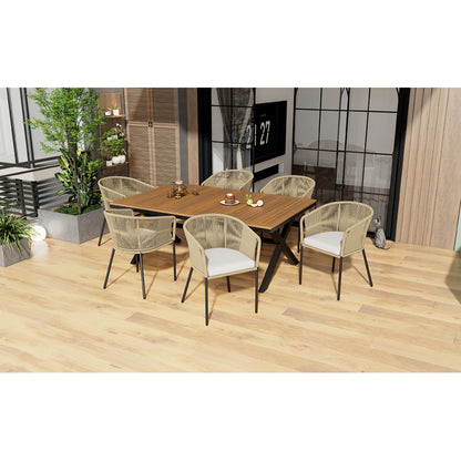 Garten-Essgruppe, 7-tlg, Garten-Lounge-Set aus Seil, 6 Sessel und 1 Tisch, Tisch aus Akazienholz, Mit Fußpolstern und sechs Sitzkissen, abnehmbar und waschbar