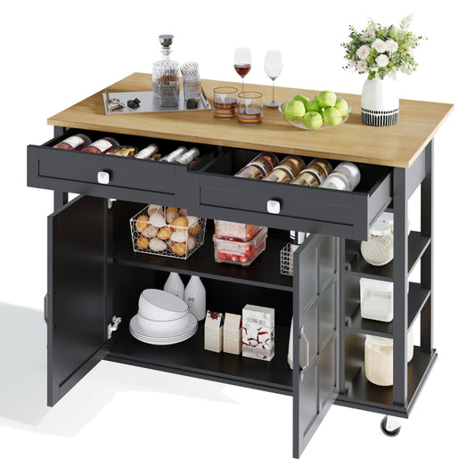 Multifunktionaler Küchenwagen mit klappbarer Arbeitsplatte, 120×65 cm erweiterbar, 2 Schubladen, geräumige Aufbewahrung, auf Rollen – Stilvoller Servierwagen für Küche, Esszimmer & Wohnzimmer