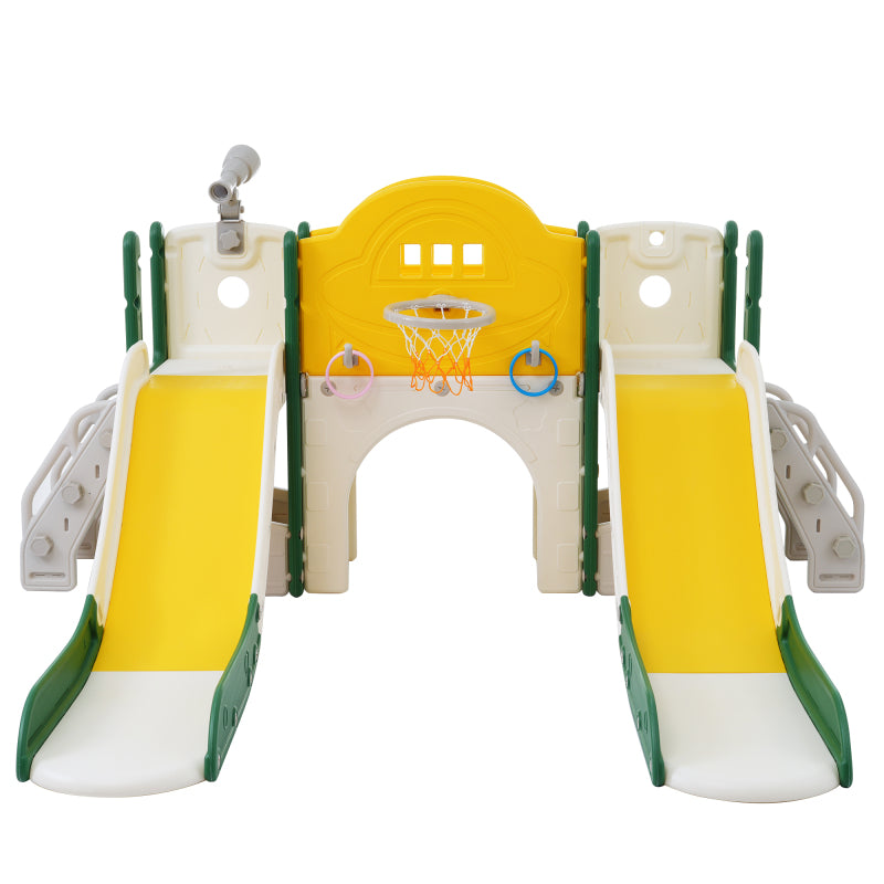 8 in 1 Kinderrutsche Kletterspielzeug, Multifunktionsrutsche mit 2 Rutschen, freistehende Rutsche, Klettern, Bohrspiel, Stauraum, Spielkorridor, Basketballkorb, Lasso-Spiel, Teleskop