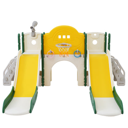 8 in 1 Kinderrutsche Kletterspielzeug, Multifunktionsrutsche mit 2 Rutschen, freistehende Rutsche, Klettern, Bohrspiel, Stauraum, Spielkorridor, Basketballkorb, Lasso-Spiel, Teleskop