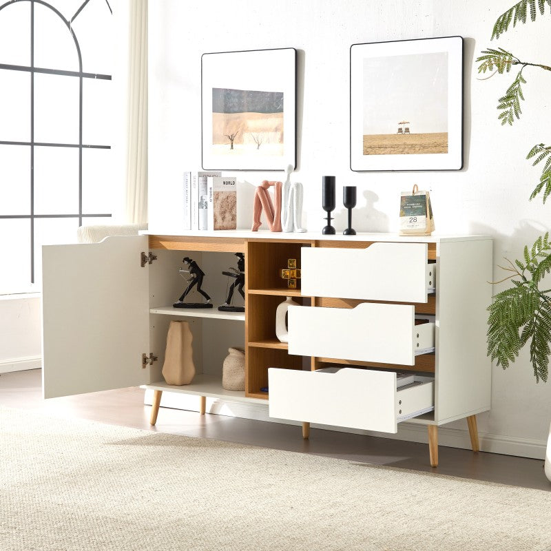 Modernes weißes Sideboard mit Einlegeböden, 3 Schubladen und offenem Stauraum, mit Kippschutz-Design – geeignet für Küche, Esszimmer und Wohnzimmer
