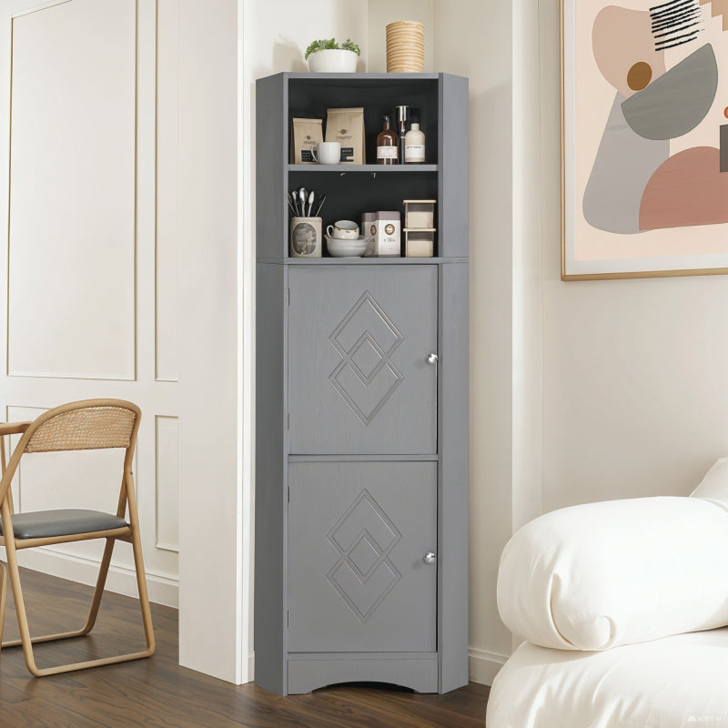 Badschrank, Badmöbel, Eckschrank mit zwei Ablagefächern, offenes Fach mit verstellbarem Einlegeboden, 36.5x 36.5 x 155 cm, hellgrau