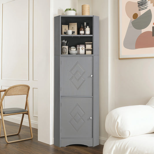 Badschrank, Badmöbel, Eckschrank mit zwei Ablagefächern, offenes Fach mit verstellbarem Einlegeboden, 36.5x 36.5 x 155 cm, hellgrau