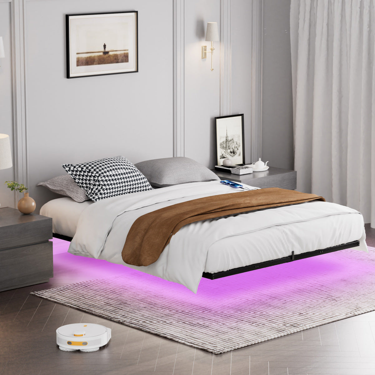 Schwebebett 160x200 Schwarz, Metallbett mit RGB LED (App & Musik Sync), Ladestation (USB/Typ-C), 450kg Traglast