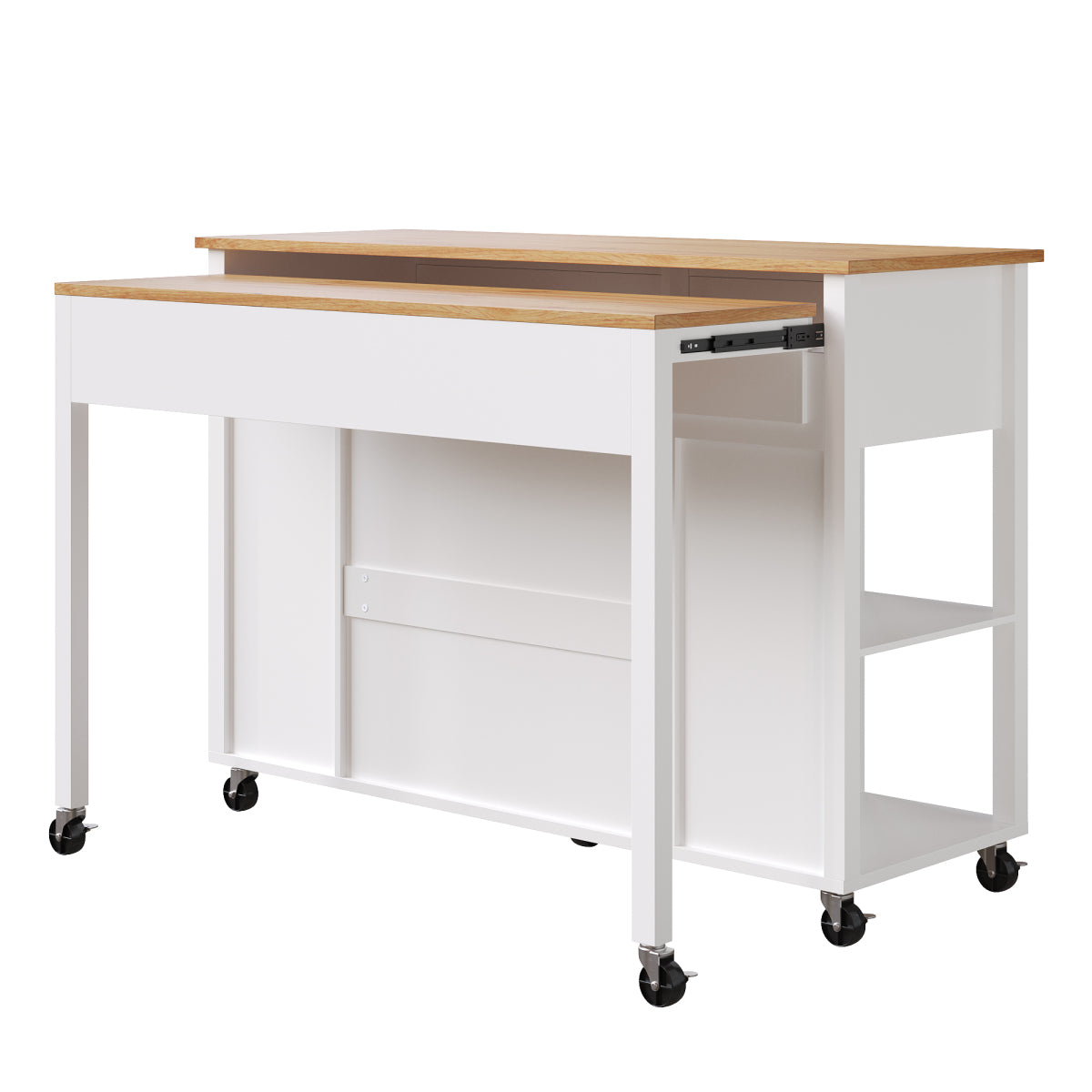 Kücheninsel mit Rollen & ausziehbarer Platte, Servierwagen Weiß/Holzoptik, 120cm Sideboard mit 7 Rollen, 2 Schubladen & verstellbaren Regalen
