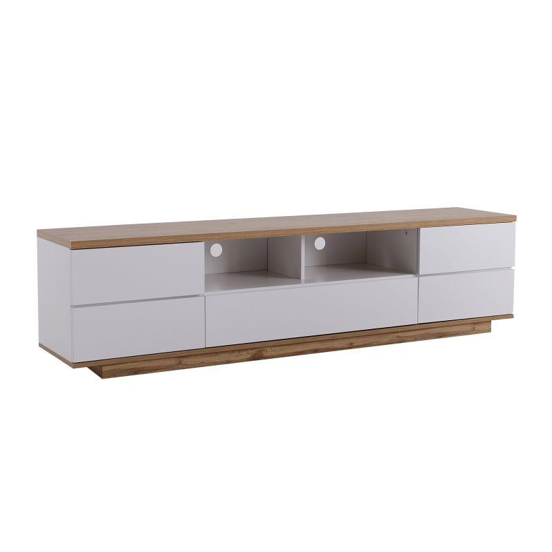 Moderner Farbblock-TV-Schrank in weißer Ausführung, TV-Schrank mit Holzmaserung, 180 cm