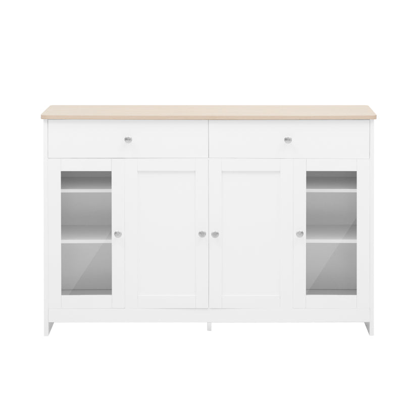 Sideboard mit weißer Holzmaserung, vier Türen, mit zwei Schubladen, Tür mit Glas. Wohnzimmer, Esszimmer. Holzfarbe und Weiß