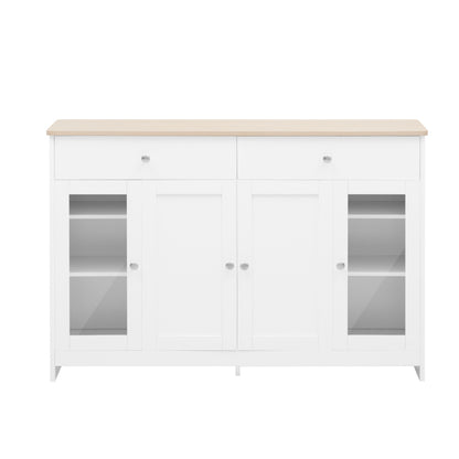 Sideboard mit weißer Holzmaserung, vier Türen, mit zwei Schubladen, Tür mit Glas. Wohnzimmer, Esszimmer. Holzfarbe und Weiß