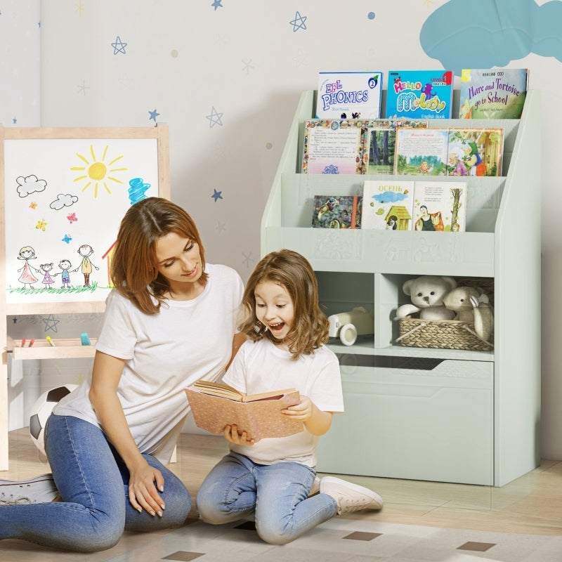 Kinder Bücherregal Kinderregal mit Schublade, 3 Ablagefächern und 2 offenen Fächern, Aufbewahrungsregal für Kinderzimmer, Spielzimmer, Hellgrün