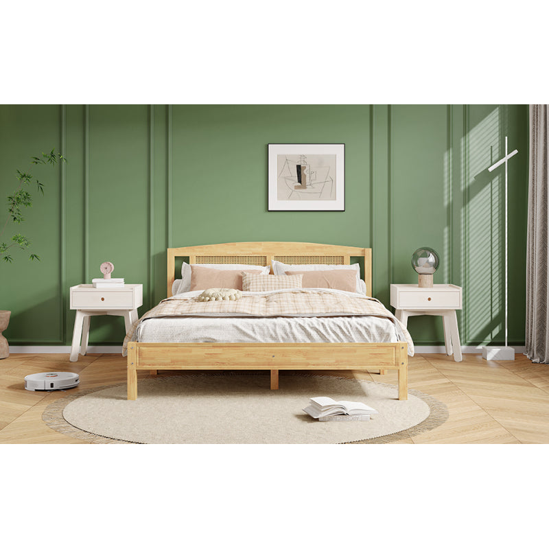 Doppelbett, Rattanbett, Jugendbett Erwachsenenbett 160X200cm, Rattannetzkissen, mit 15 Latten und Mittelfüße, Kiefer + PE-Rattan, Natur