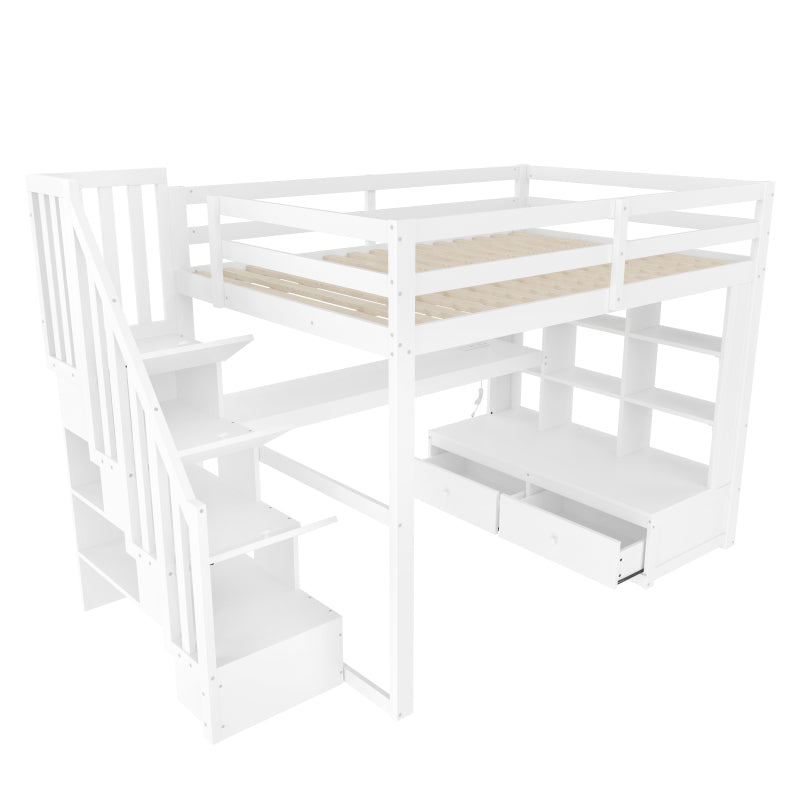 140x200 Hochbett mit Schreibtisch und Regalen, zwei integrierten Schubladen, Stauraumtreppe, weiß
