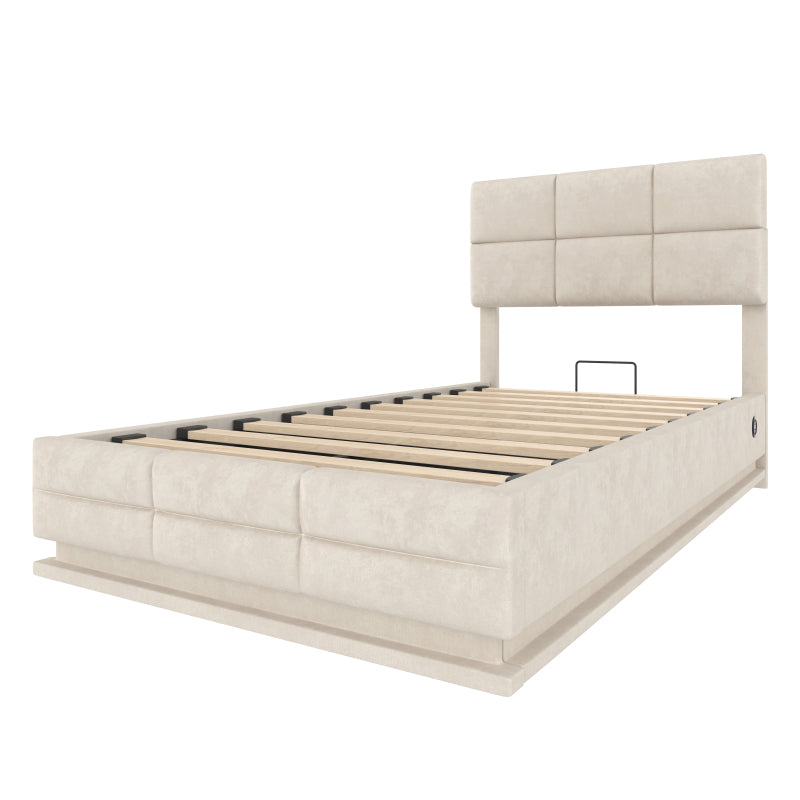 90x200 cm Modernes Velours-Polsterbett mit höhenverstellbarem Kopfteil - Inkl. USB/Type-C-Anschlüssen, LED-Ambientebeleuchtung, hydraulischem Lift-System & XXL-Stauraum (ohne Matratze) - Beige