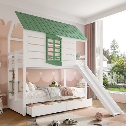 90X200 Haus-Etagenbett mit Rutsche und 2 Schubladen, Weiß+Grün