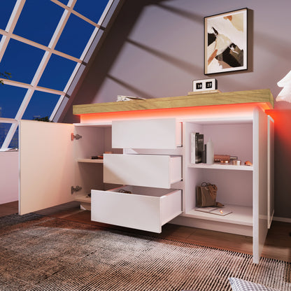 Kommode, Hochglanz Sideboard mit 2 Türen und 3 Schubladen, LED Beleuchtung (App Control), Mehrzweckschrank für Wohnzimmer und Schlafzimmer, 81 x 140 x 39 cm, Weiß