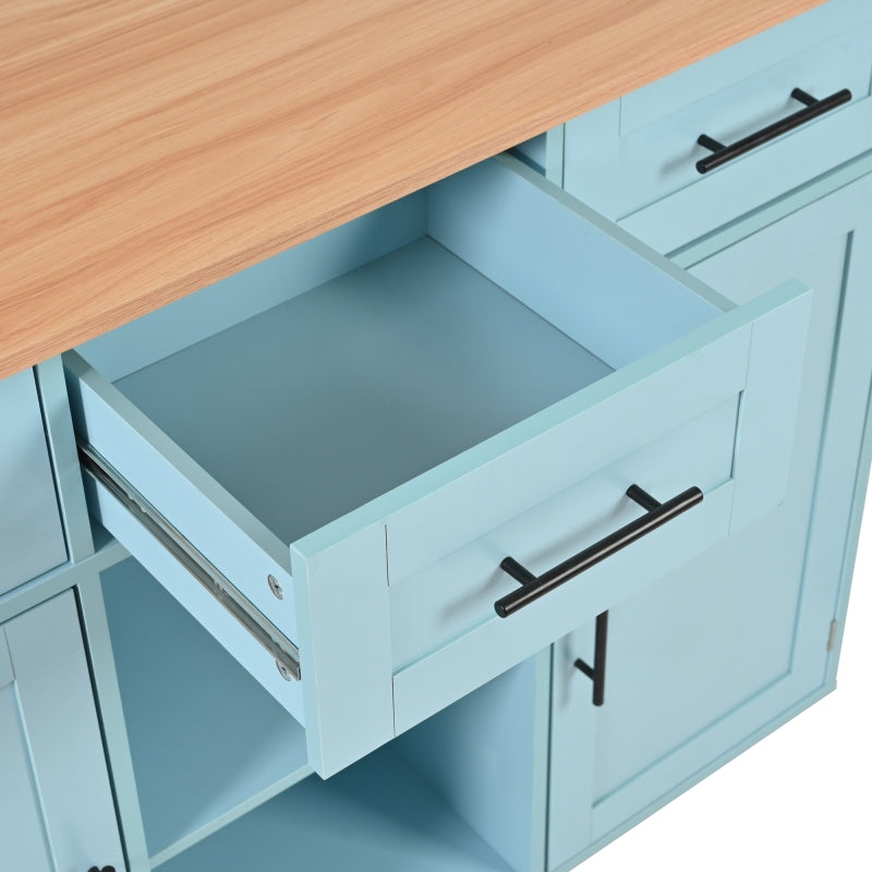 139x46(71)x91,5 cm großer Esswagen/Anrichte, Korpus Blau + Arbeitsplatte in Massivholzmaserung, klappbare Arbeitsplatte, Ablagetür, Rollen, auswechselbare Massivholzfüße, geeignet für Esszimmer, Küche