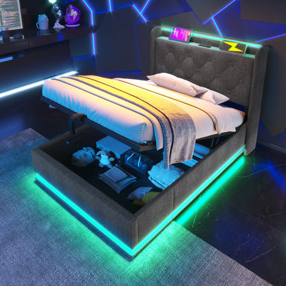 Polsterbett einzelbett,360-Surround-LED-Funktion, Drucktaste/App/Fernbedienung,90*200 cm, Grau Leinen-Material Hydraulisches Lagerbett, gepolstertes Kopfteil mit USB Typ-C Ladefunktion (Ohne Matratze)