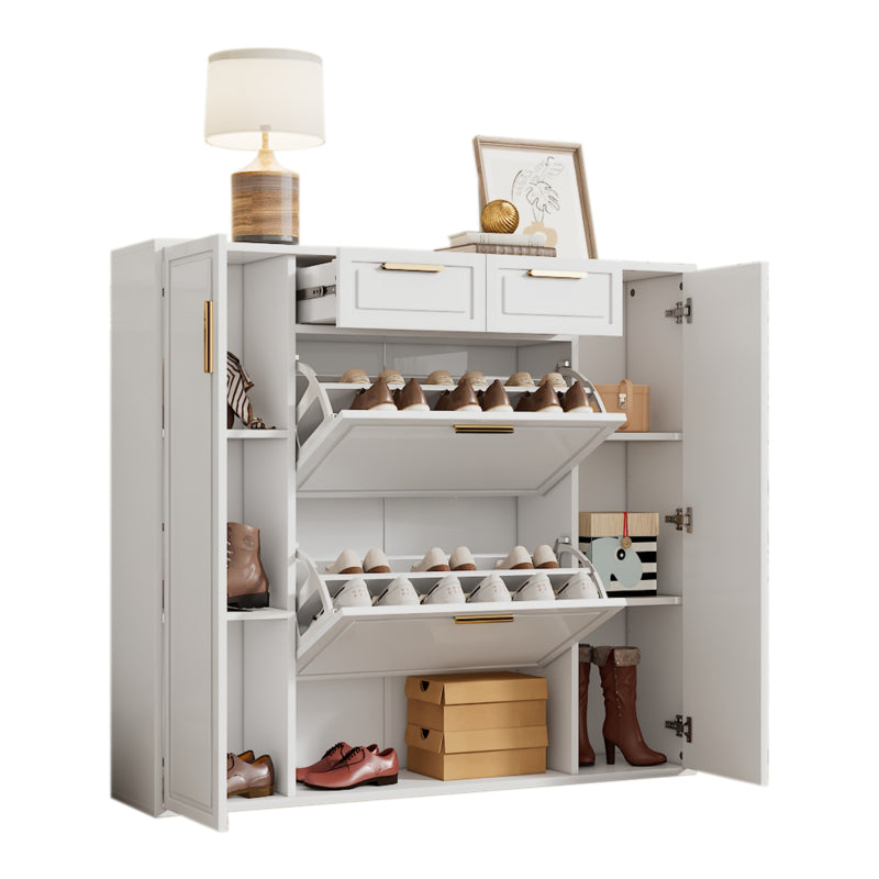 Moderne Schuhschrank, mit verstellbaren Regalen, goldenen Griffen, 2 Schubladen, Klappschuhschrank und 2 Türen, weiß