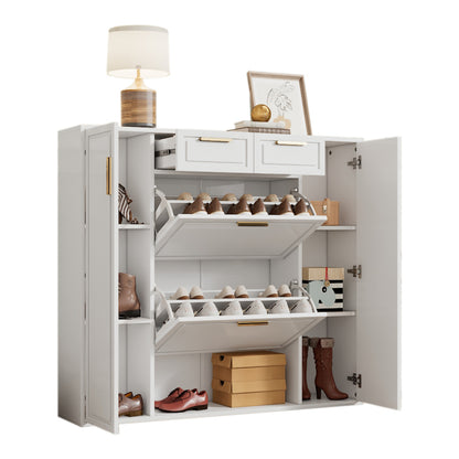 Moderne Schuhschrank, mit verstellbaren Regalen, goldenen Griffen, 2 Schubladen, Klappschuhschrank und 2 Türen, weiß