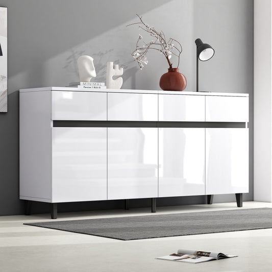 Hochglanz Sideboard, Kommoden,Highboard, Schubladenkommoden mit 4 Schubladen2 Türen und höhenverstellbaren Regalböden, weiß
