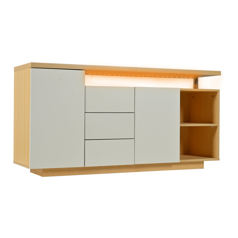 Multifunktionales Sideboard, Länge 140 cm, weiß und Holzimitat - 2 Türen, 3 Schubladen, 2 offene Fächer, mit LED-Beleuchtung