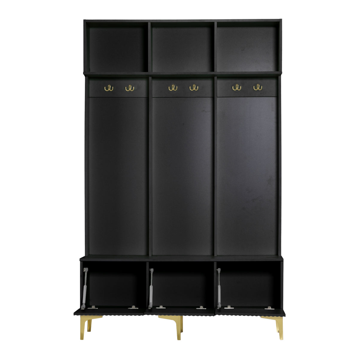 Garderoben-Set mit Sitzbank, Schuhschrank & goldenen Details, Flurbaum aus Metall & Spanplatte, Schwarz, 120x191,5x23,5 cm