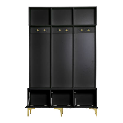 Garderoben-Set mit Sitzbank, Schuhschrank & goldenen Details, Flurbaum aus Metall & Spanplatte, Schwarz, 120x191,5x23,5 cm
