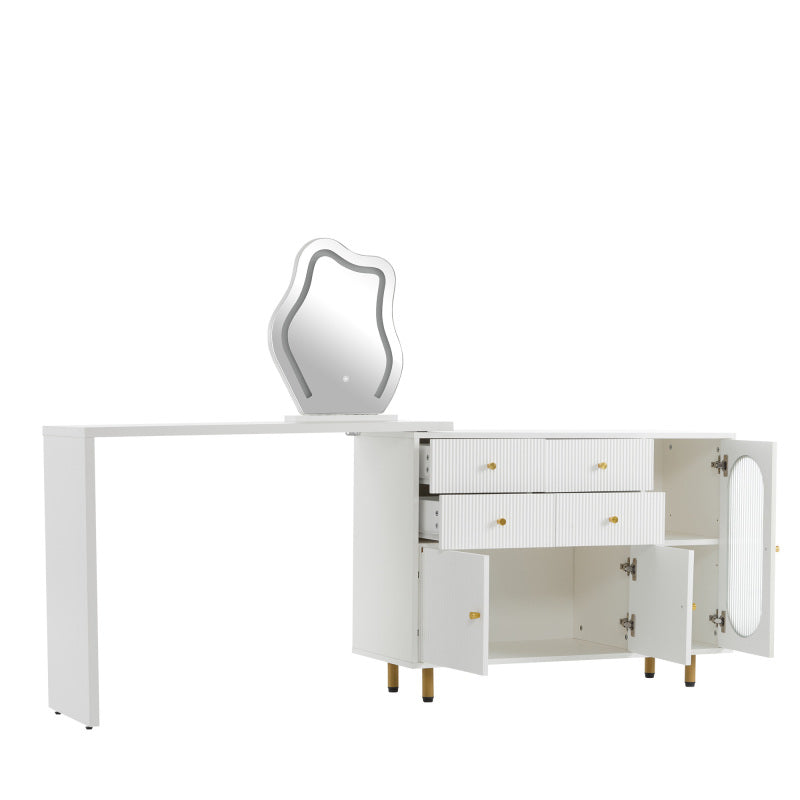 Schminktisch, Kosmetiktisch-Set mit Spiegel und Beleuchtung, ausziehbare Tischplatte, links-rechts wechselbar, 3-farbige LED-Beleuchtung, Maße: B100/H74.5/T40 cm (ohne Hocker)